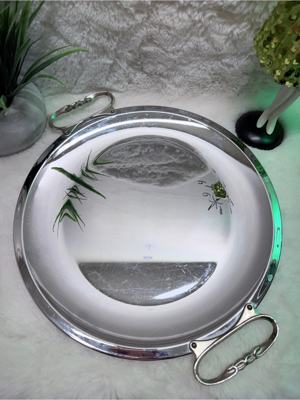 13” Vintage Chrome Silver Metal Serving Tray Mid Century Modern with Handles 🌎